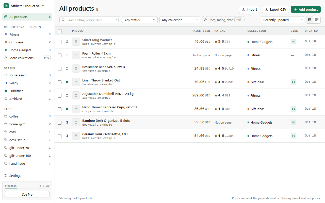 The Vault: a table of saved products with status, price seen, rating and collection, and a side bar of collections, statuses and tags.