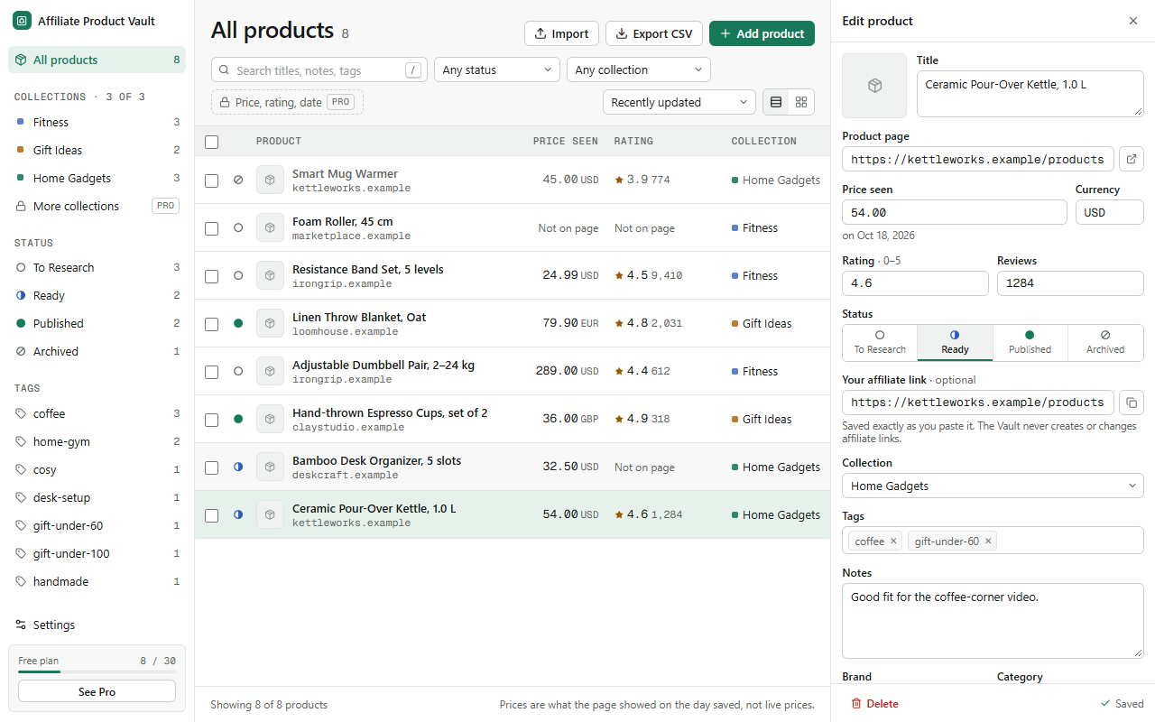 Editing a saved product: title, product page, price seen, rating, status, affiliate link, collection, tags and notes.