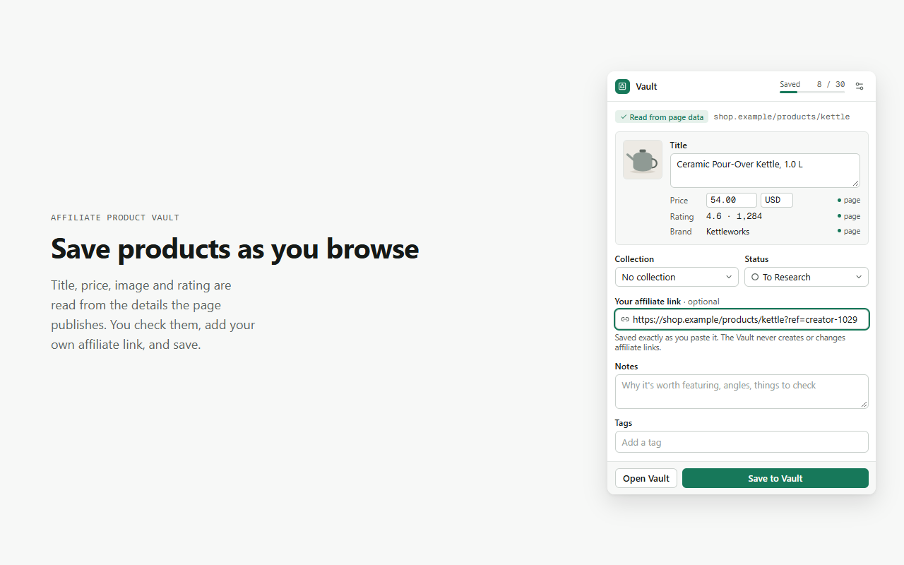 The toolbar popup with a product's details read from the page, ready to save.